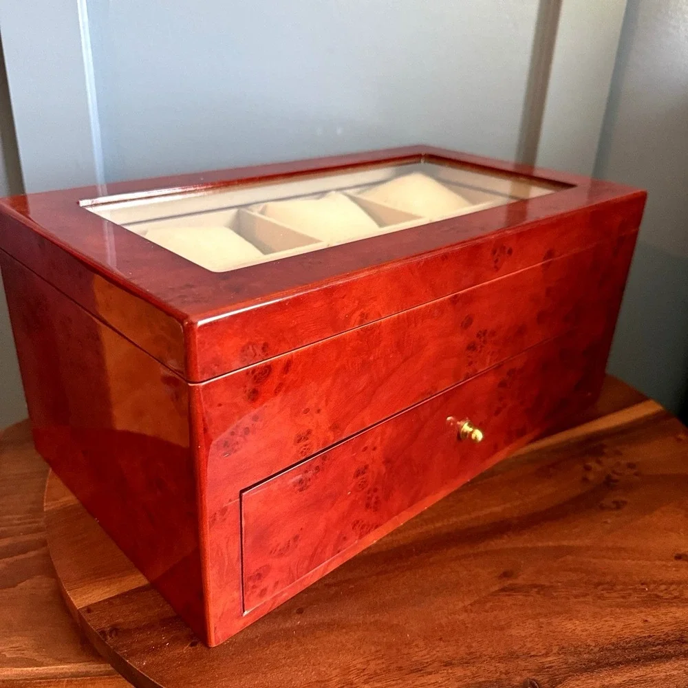 Vintage Burl Wood Jewelry Box Chest High Gloss Tortoise Shell Glass Tabletop
